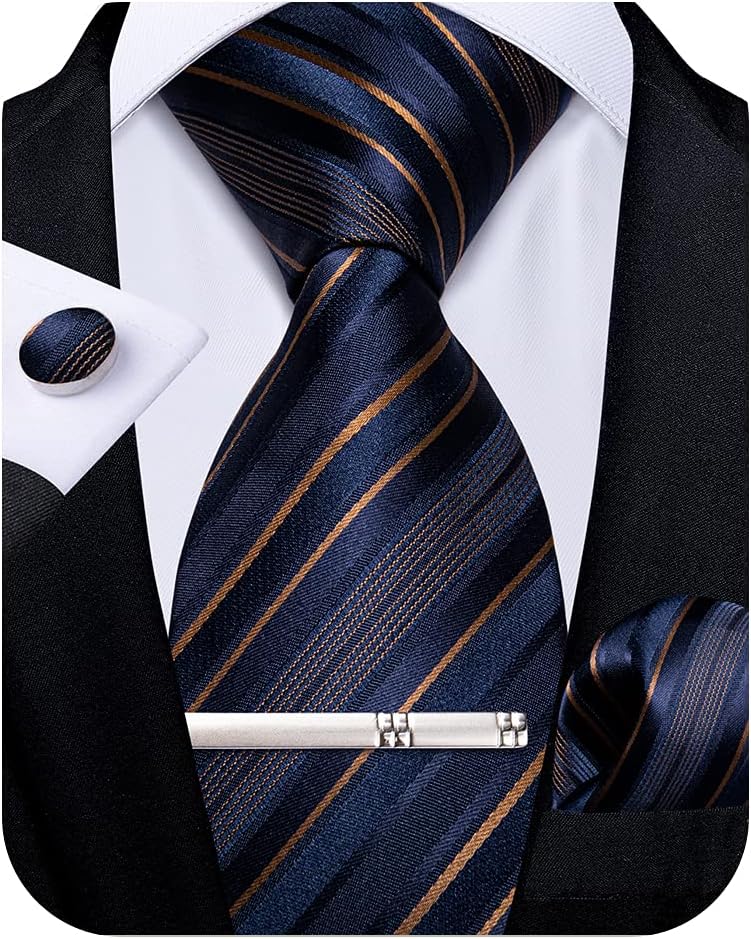 DiBanGu Mens Striped Tie Silk Woven Necktie and Pocket Square Cufflinks Tie Clip Set Wedding Business Formal Gift Tie for Men - Image 1